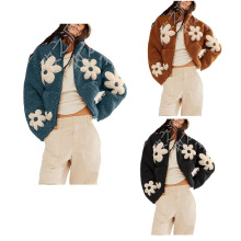 2024跨境独立站秋冬款撞色时尚花朵宽松开衫毛绒羊羔休闲外套女