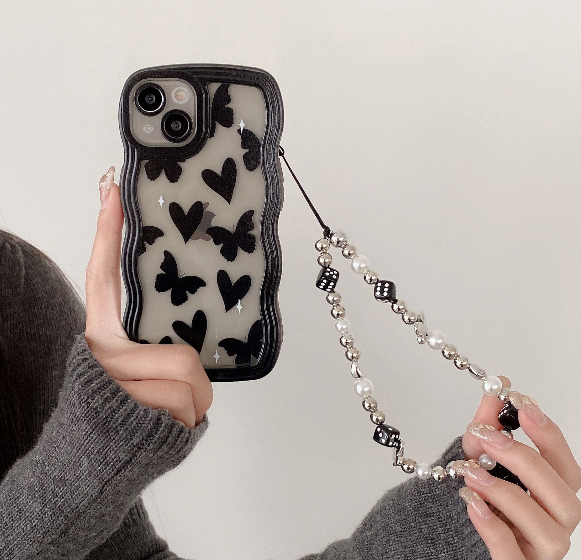 Adatto per cubo di cristallo galvanico braccialetto d'amore custodia per cellulare accessori ciondolo fiocco di perle bianche catena universale_voghion.com