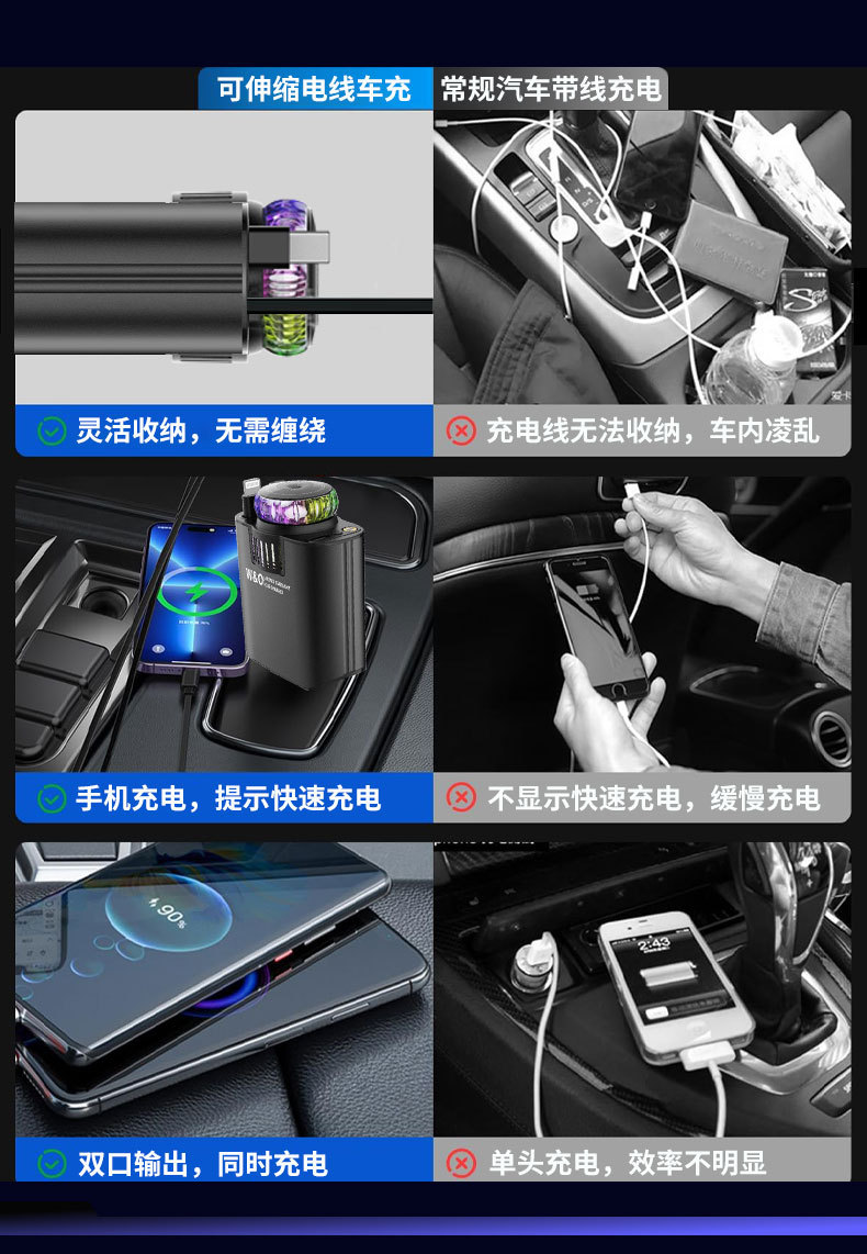 New C7 Five-In-One Car Aromatherapy Starry Sky Ceiling Car Charger Multi-Functional Retractable Cable 120W Fast Charging Car Charger