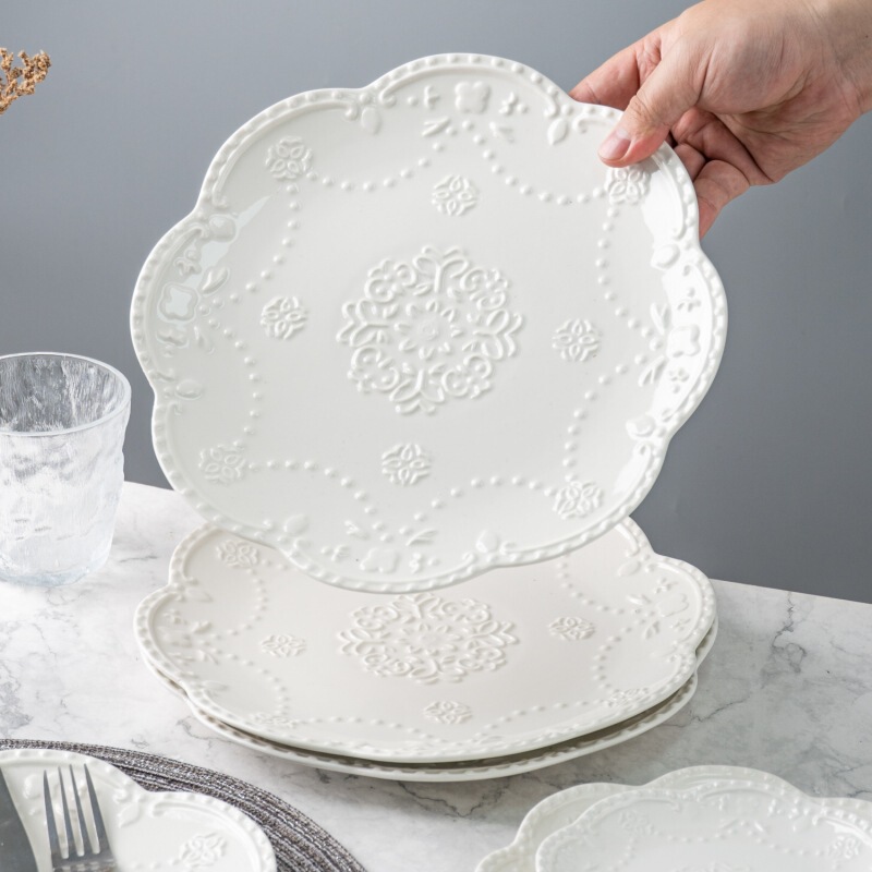 New Embossed Ceramic Western-Style Nordic Plates, Household Ceramic Tableware, Microwave-Safe Tableware, Export Original Nordic