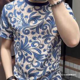2025男士轻奢冰感凉爽丝滑男士短袖恤百搭潮流印花夏季半袖图片色