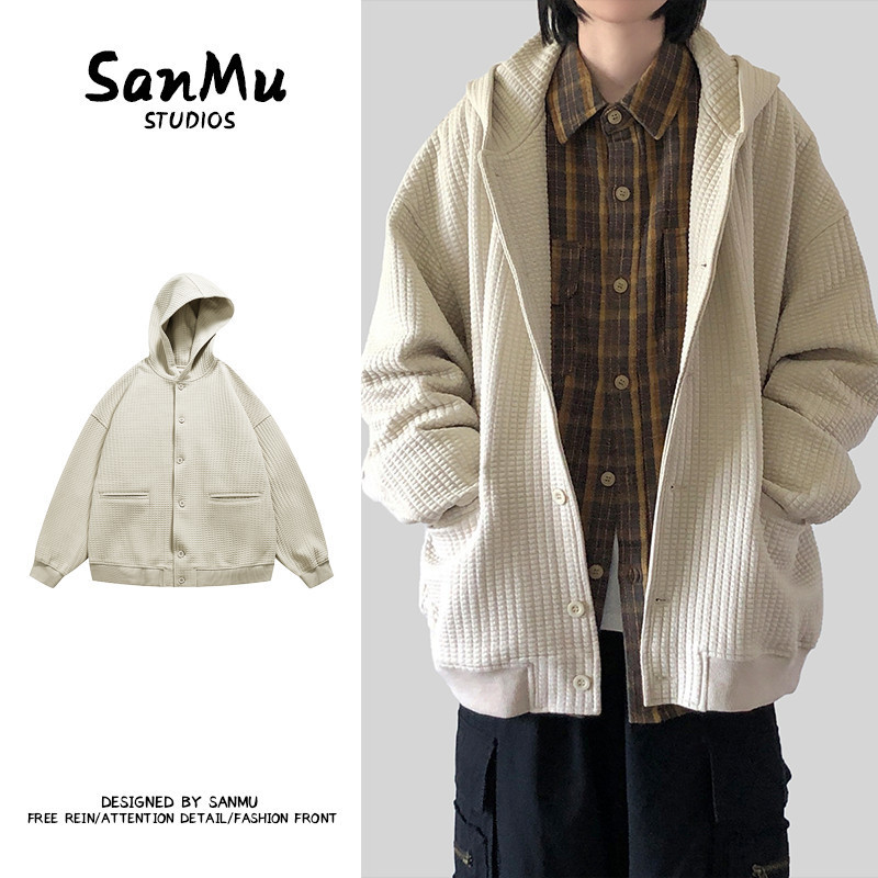 Japanese retro solid color base jacket with hood for men and women
