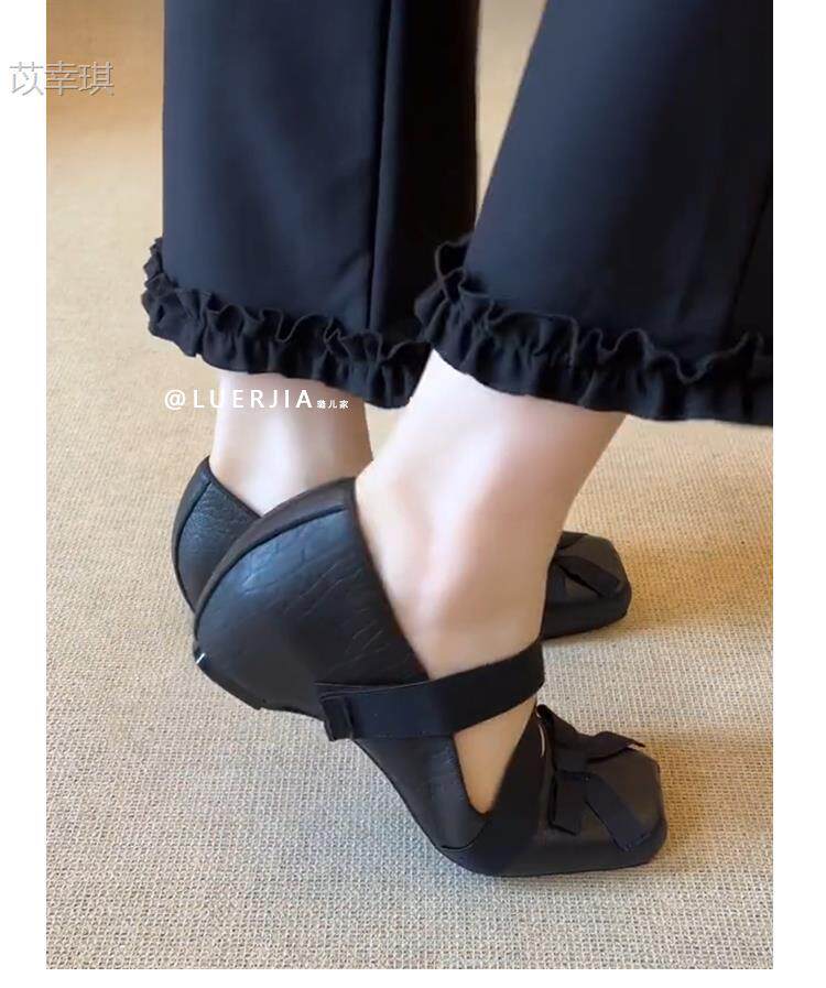 Giày Mary Jane nữ da cừu mũi vuông phong cách ballet, quai thun, gót ẩn 5 cm — Đen [Gót ẩn 5cm] - Còn hàng chi tiết 9