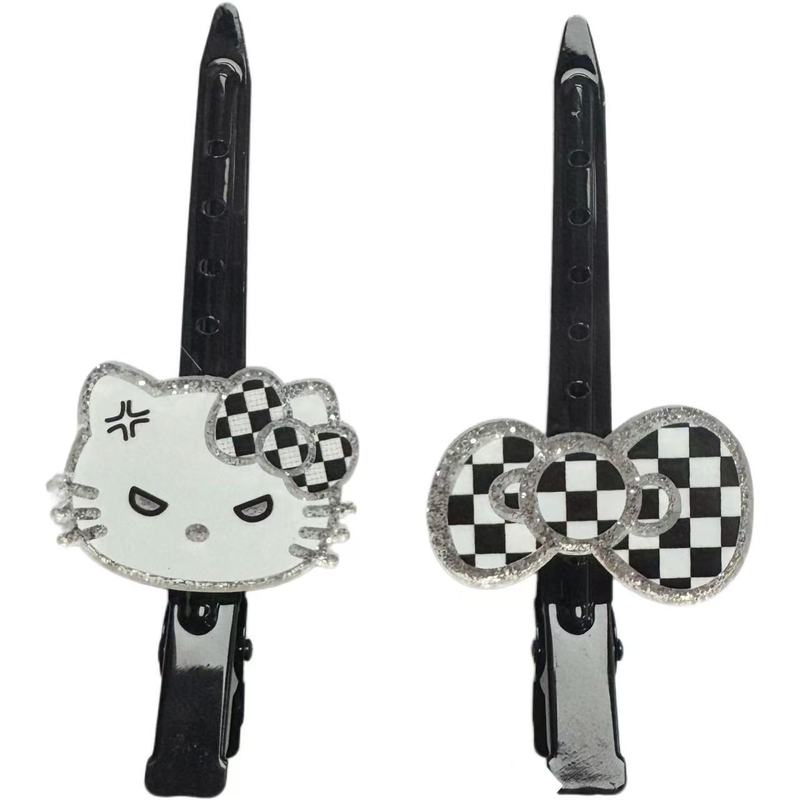 漫画怒っている猫黒と白のチェック柄リボンシームレスヘアピンカモノハシクリップキュートで甘い多用途前髪サイドクリップ|undefined