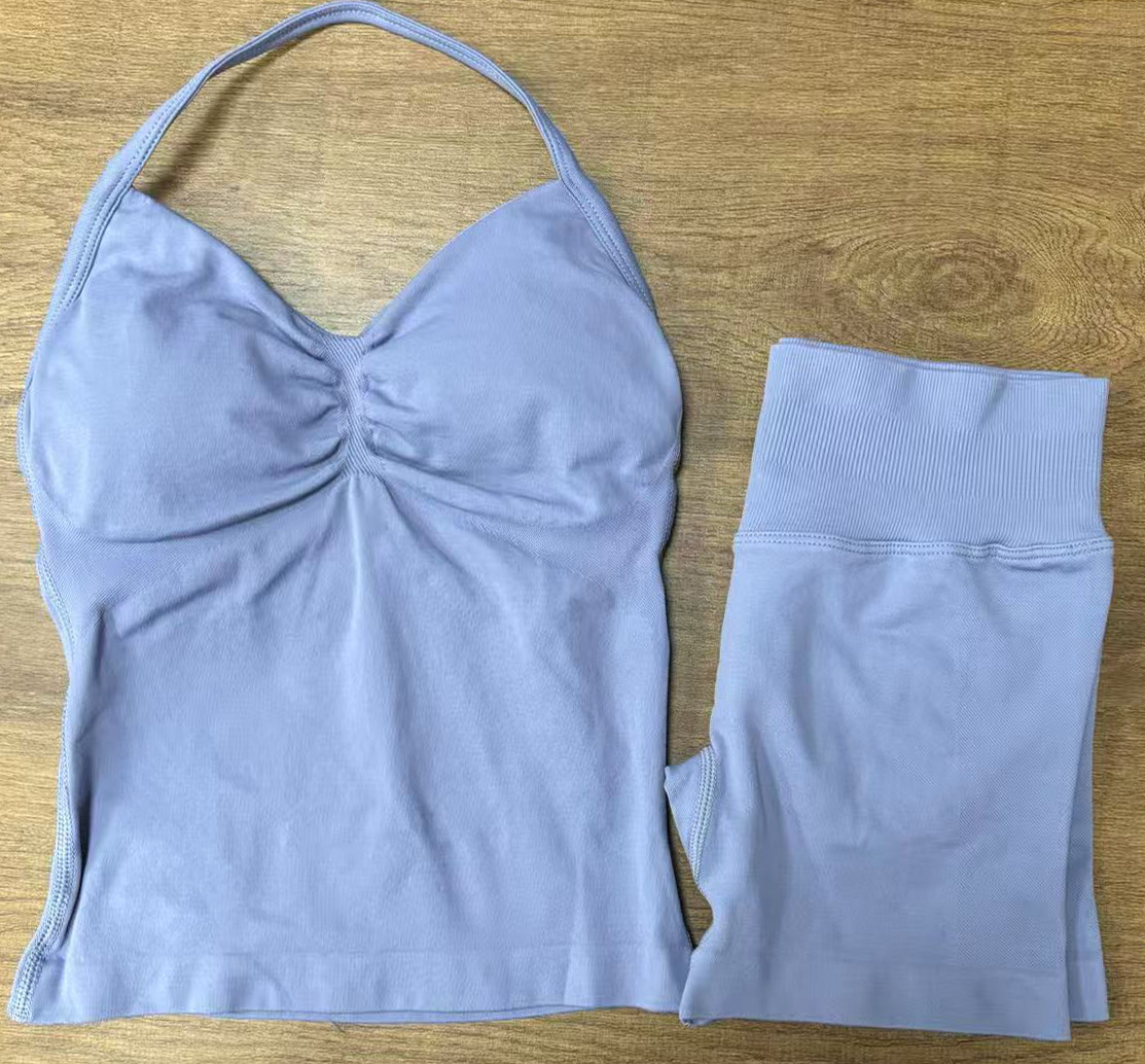 Conjunto DF Amazon pantalones cortos explosivos sujetador pequeño alto elástico superfino nailon halter cuello hermoso chaleco deportivo trasero