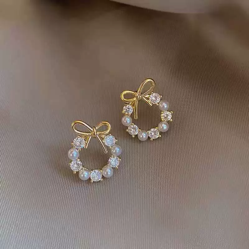 Jewelry pearl, earrings with bow, silver 925 sample, internet celebrity