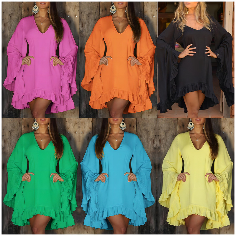 Quality 2023 Summer Elegant Women's Dress Polyester Pullover V-Neck Irregular Dress