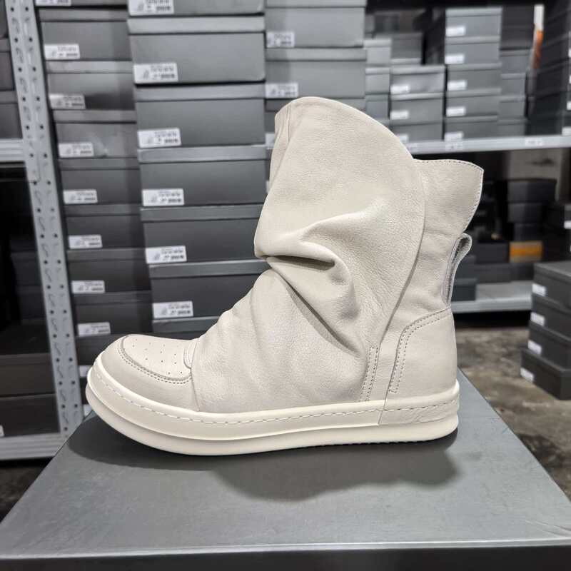 2026 New Men's Off-White Genuine Leather High-Top Casual Couple Style Thick-Soled Height-Increasing Sneakers