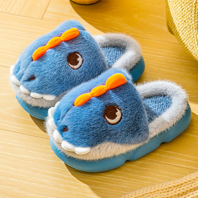 [Otoño e invierno nuevo] Zapatillas de lana para niños de invierno dibujos animados lindo dinosaurio bolsa talón Zapatillas de algodón para niños calientes