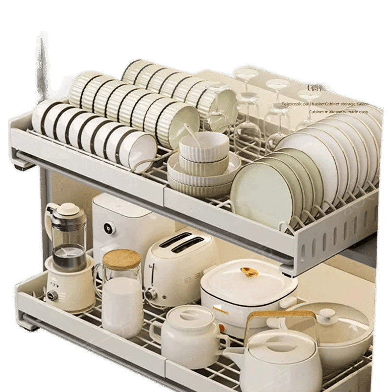 ffy Telescopic Drawer Dish Rack - No-Punch-Out Pull-Out Basket, Dish Storage Rack
