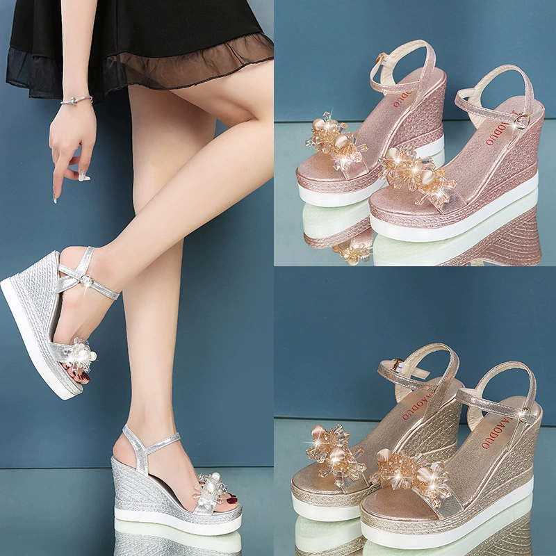 Сандалии в сказочном стиле размера 33-41 2023 Летние сандалии на высоком каблуке с пряжкой и ремешком на платформе в Корейском стиле с кристаллами