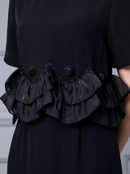 Zhili Black Young Mom High Waist Skirt 3D Ruffle Edge Spliced Short Sleeve Acetic Acid Dress 2024 Summer