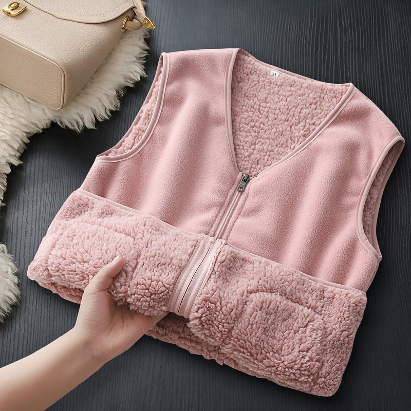 Pink lamb wool vest for women, thickened for warmth in autumn and winter, fleece vest with V-neck and zipper, outerwear Pink lamb wool vest for women, thickened for warmth in autumn and winter, fleece vest with V-neck and zipper, outerwear