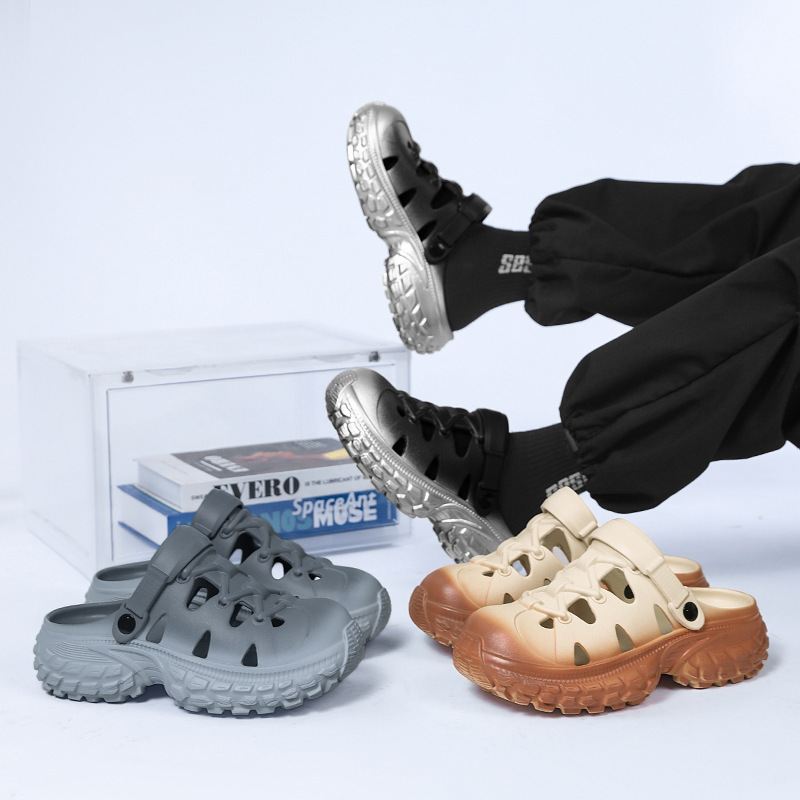 Men's Summer New Style Eva Tire Sole Clogs, Non-Slip, Wear-Resistant, Color-Blocking Beach Camping Couple Slippers