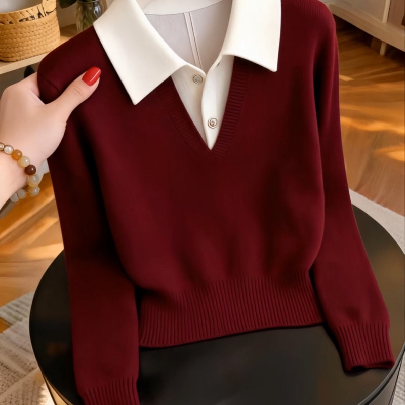 2026 Fall/Winter New Slim-Fit Long-Sleeve Versatile Elegant Top in Wine Red, Faux Two-Piece Turn-Down Collar Knit Sweater for Women 2026 Fall/Winter New Slim-Fit Long-Sleeve Versatile Elegant Top in Wine Red, Faux Two-Piece Turn-Down Collar Knit Sweater for Women