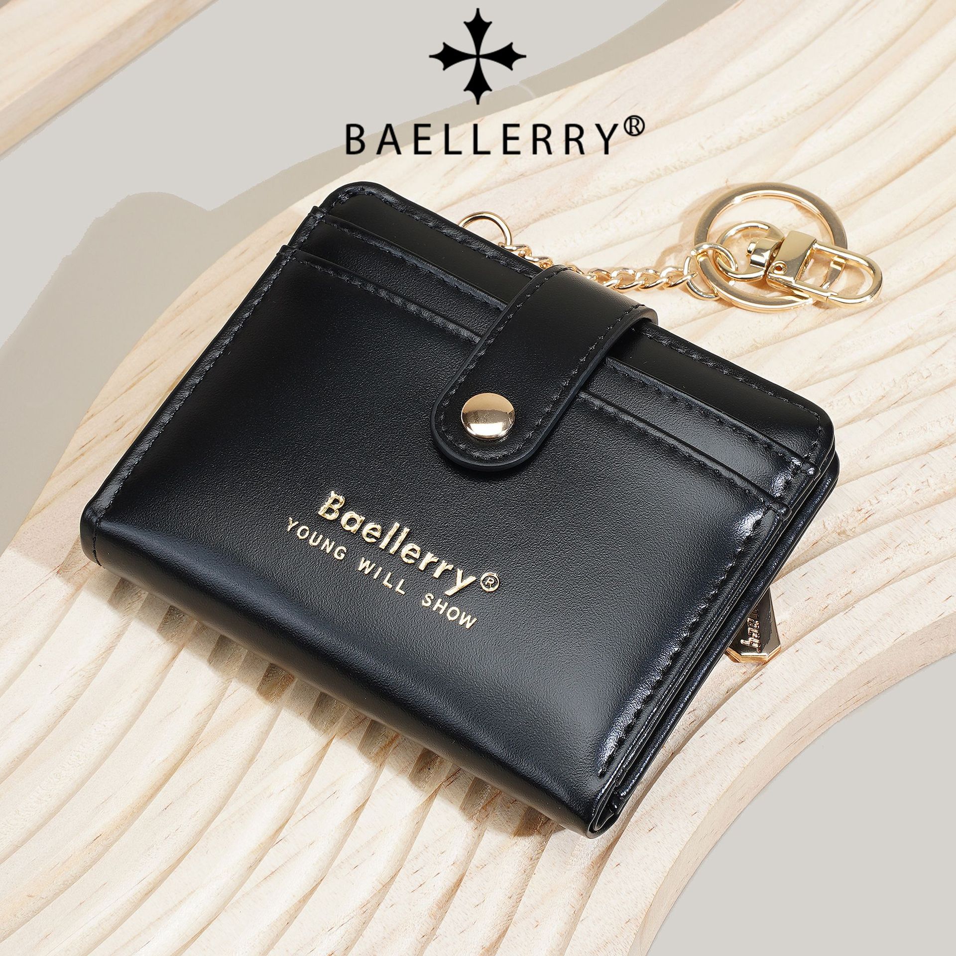 新款女士短款钱包韩版多卡位按扣钱夹高级感时尚链条拉链小零钱包