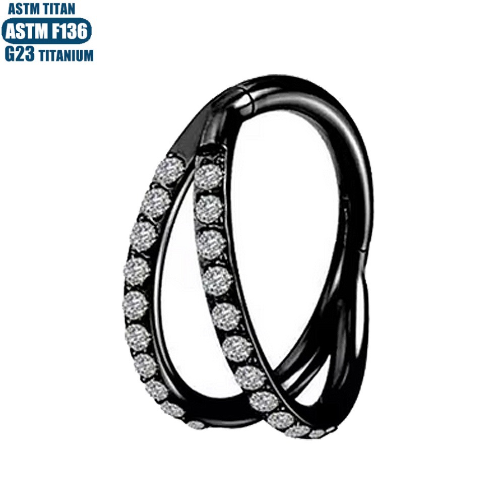 F136 Titanium Alloy Nose Ring Double Layer Septum Clicker Zircon Earring - Black, 1.2mm x 12mm detail image 9