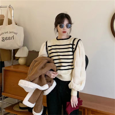 stripe False two shirt Mosaic Vest spring and autumn new pattern Sense of design Little have cash less than that is registered in the accounts Sweater jacket