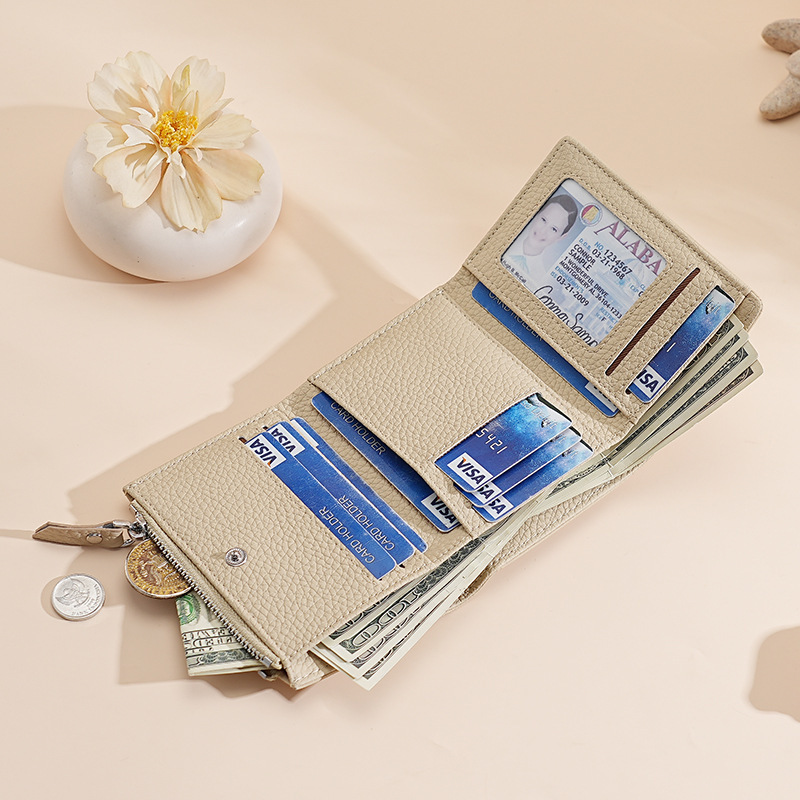 Genuine Leather Japanese-style Wallet Women's Three-fold Credit Card Holder RFID Folding Card Holder Cowhide Litchi Pattern Zipper Coin Bag for Women