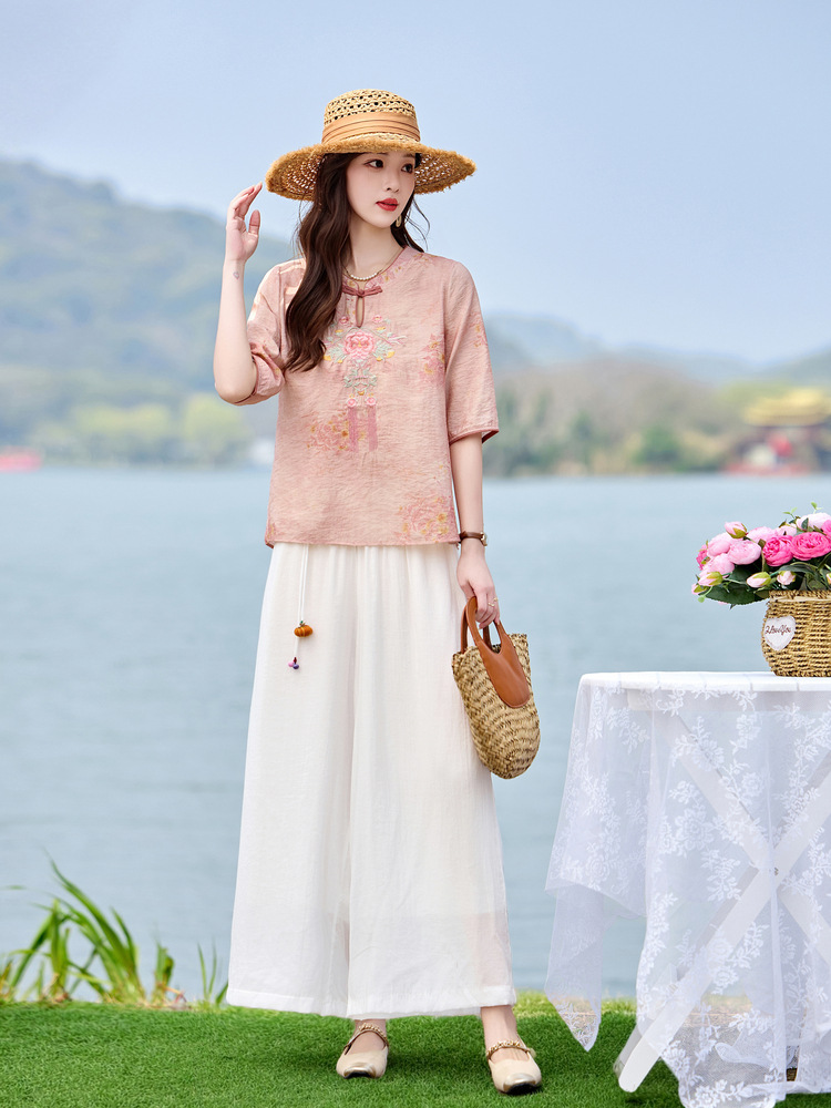 Bộ quần áo nữ hai mảnh sơ mi thêu họa tiết quốc phong kết hợp quần ống đứng MM6617 — xanh lam, Màu hồng