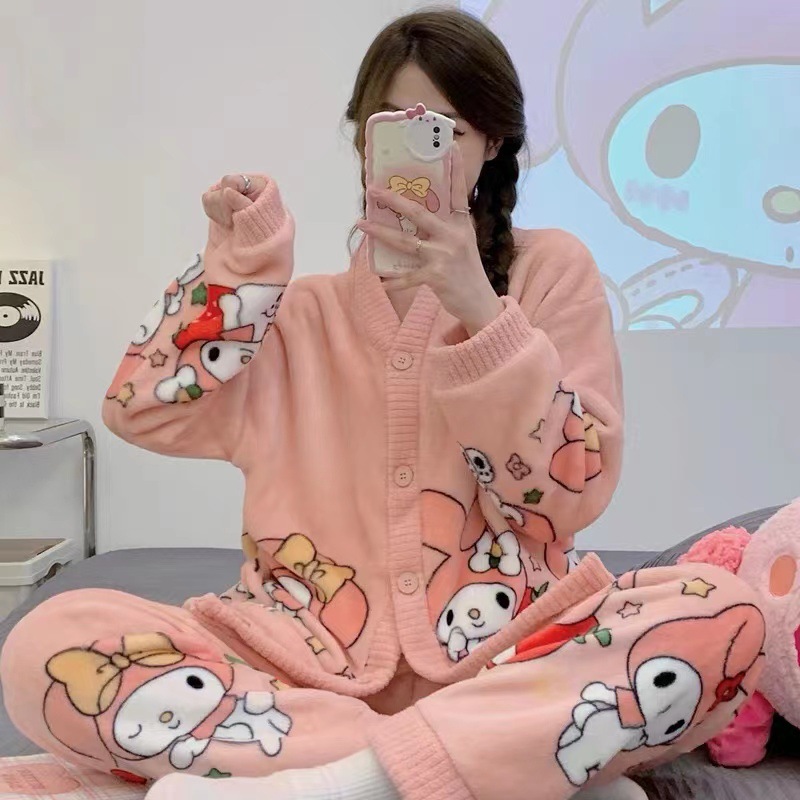 Pijamas de lana de coral mujeres otoño invierno mangas largas 2025 nuevo engrosado calentamiento cardigán de dibujos animados flanel dos piezas conjunto