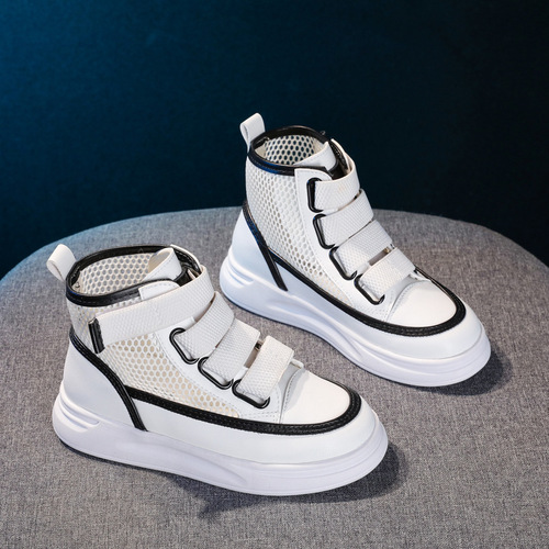 Children's Sports Shoes 2024 Summer New Breathable Mesh Medium and Large Kids High-Top Board Shoes for Girls Casual White Shoes