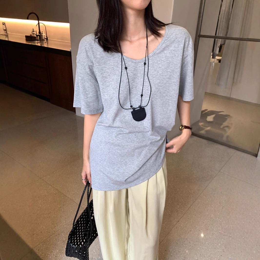 KITTIN estándar coreano! Estilo perezoso suelta gran cuello en U casual todo fósforo camiseta de manga corta para mujer verano nuevo estilo top R3268 image 3
