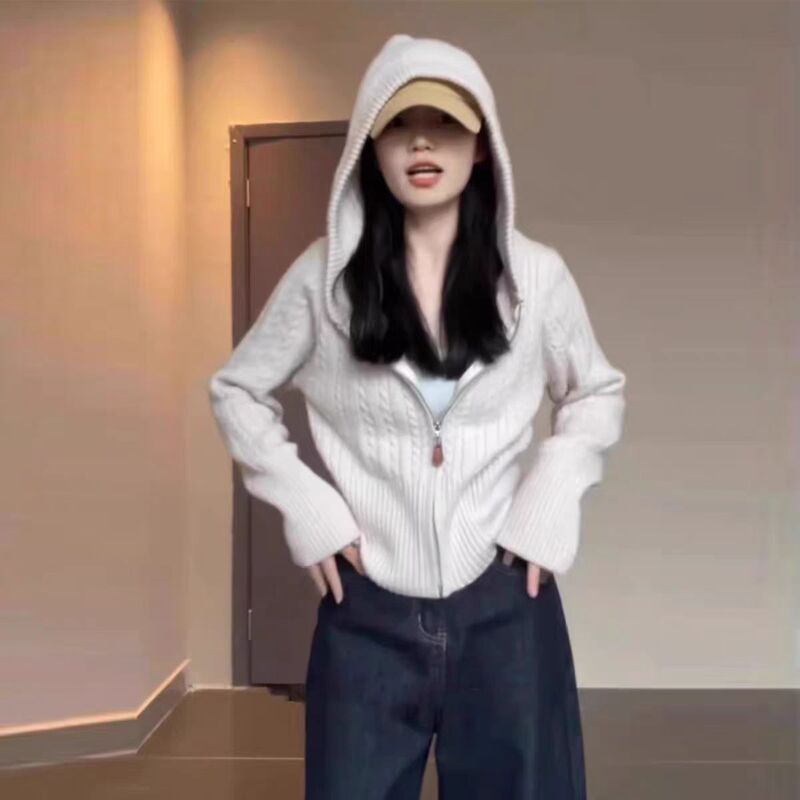 Twist Hooded 100 Pure Wool Knitted Cardigan for Women 25 Autumn and Winter Thickeneded Korean Style Lazy Leather Zipper Hoodie Jacket