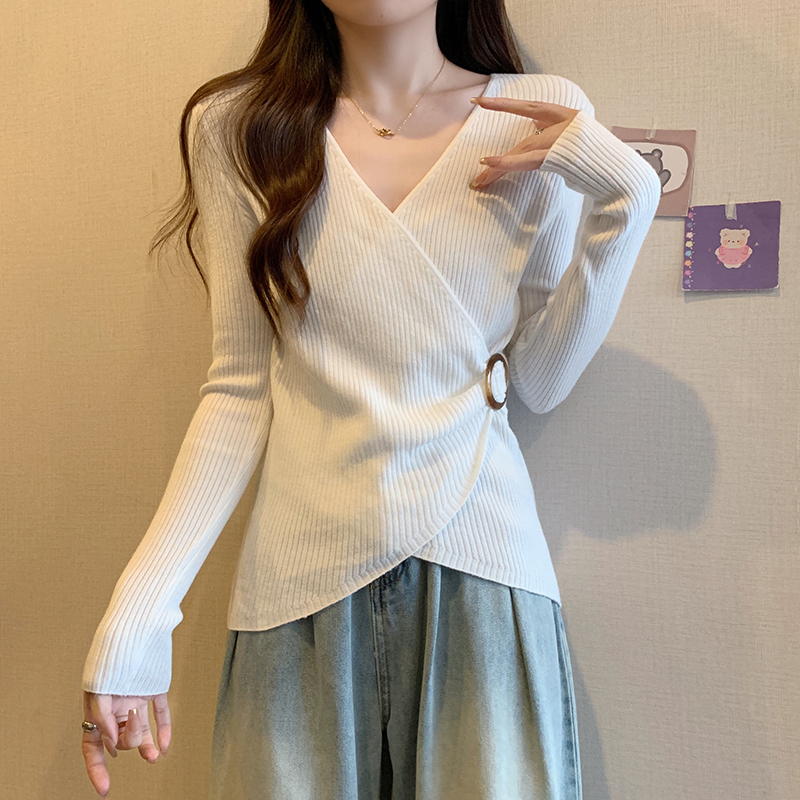 不规则交叉v领打底衫女2025新款春秋大码胖mm内搭上衣长袖针织衫1|undefined