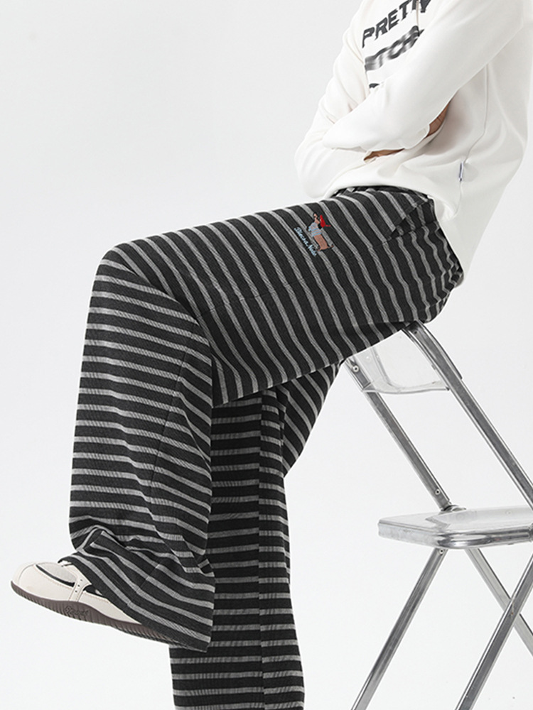 Men's Casual Striped Patchwork Trousers Retro Embroidered Fit_voghion.com