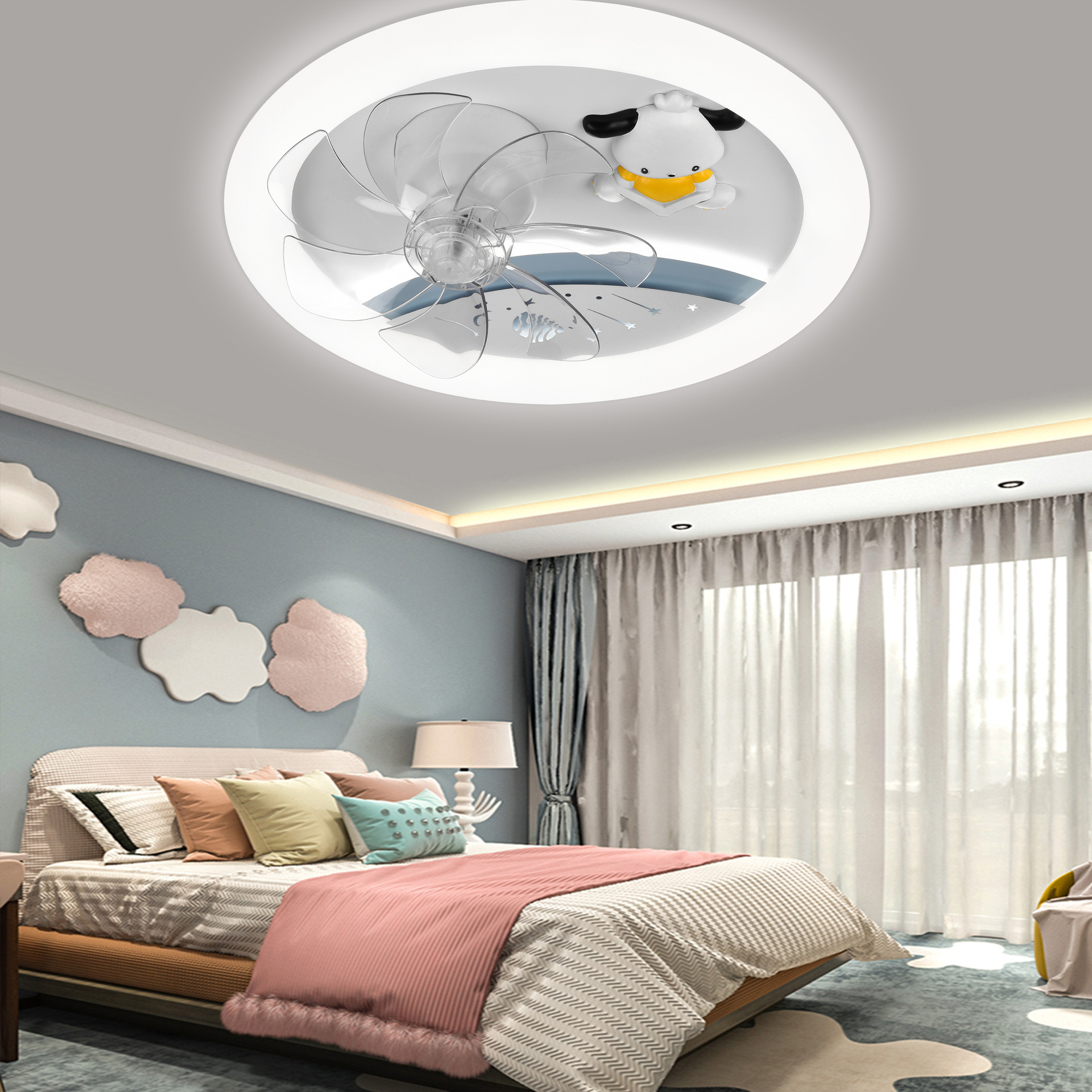 360 grados sacudiendo la cabeza lámpara de ventilador habitación de los niños lámpara de techo chica moda creativa dormitorio led cálido cambio de luz de tres velocidades