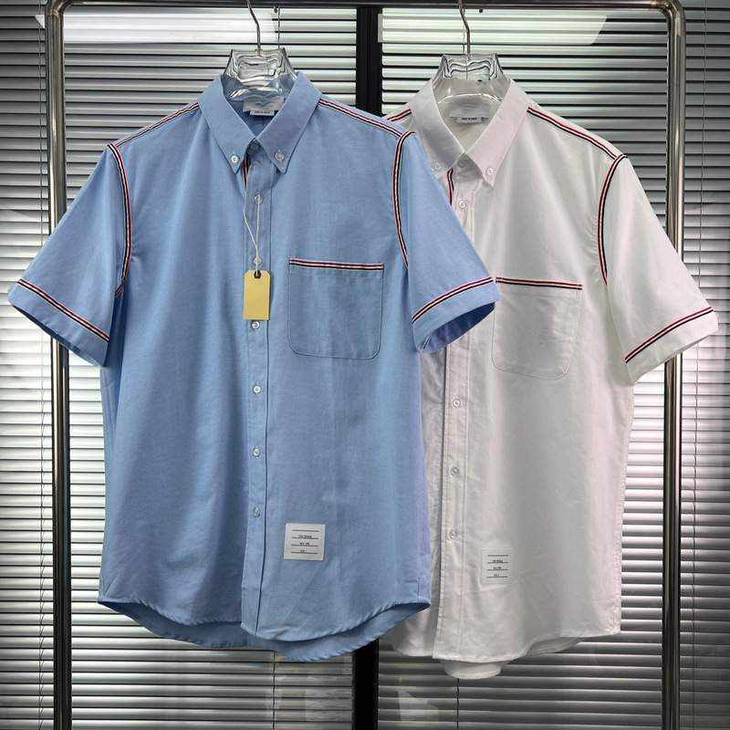 Cross-Border Foreign Trade Tb Short-Sleeved Shirt New Style Men's Red, White, and Blue Striped Ribbon-Trimmed Unisex Pointed Collar Shirt
