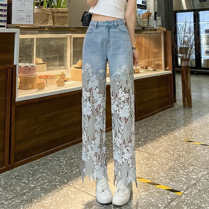Design-Inspired Lace Patchwork Niche Jeans for Women, 2026 Summer New Straight-Leg Slimming Retro Style Casual Long Pants Design-Inspired Lace Patchwork Niche Jeans for Women, 2026 Summer New Straight-Leg Slimming Retro Style Casual Long Pants