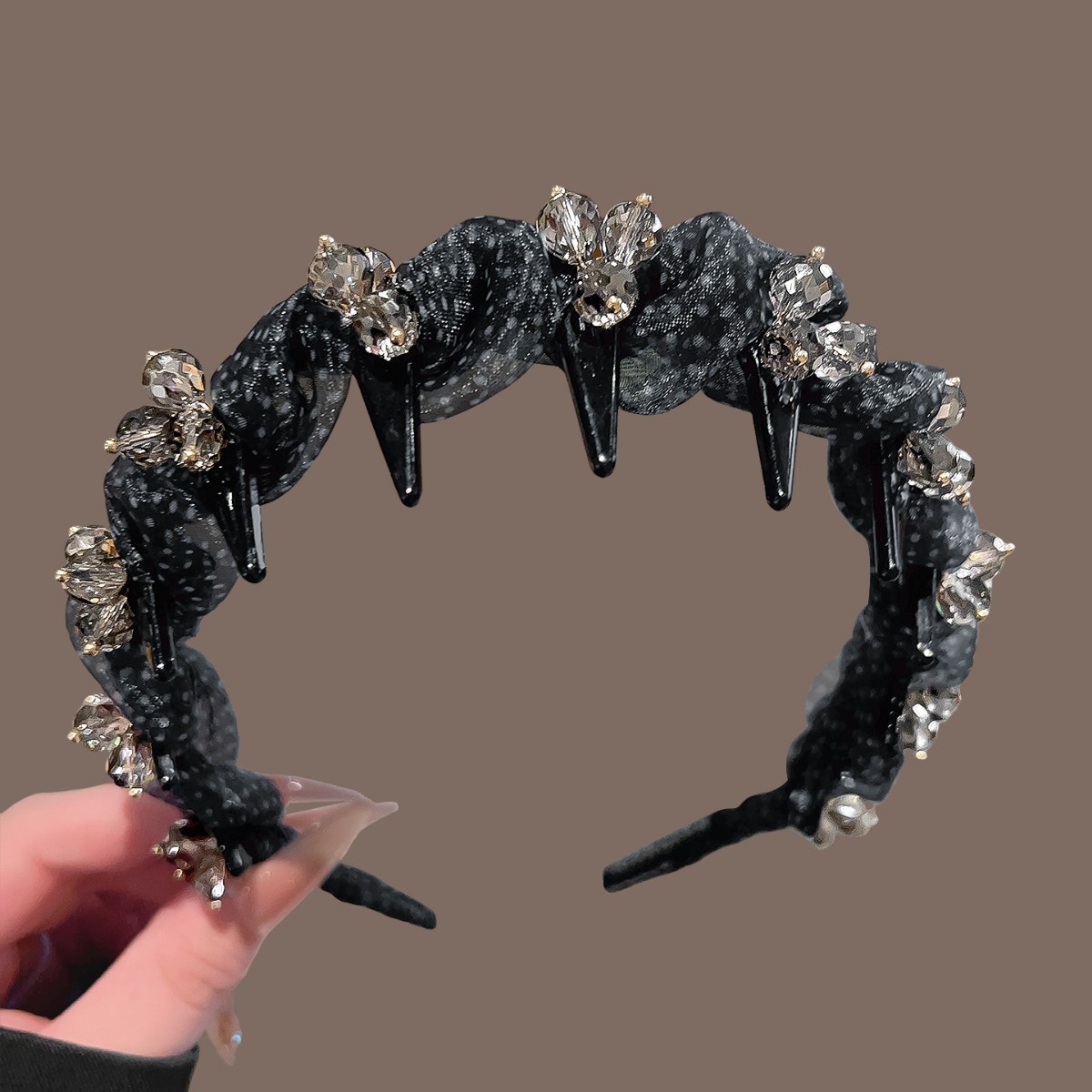 Black mesh polka dot crystal flowers