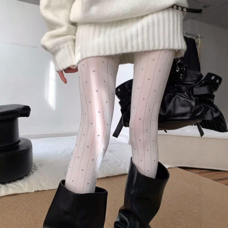 Korean Drama-Style Polka Dot Vertical Stripe Slightly Sheer White Pantyhose for Women, Slimming and Non-Slip Leggings, Pure Desire Long Socks