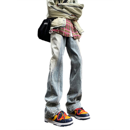 Vintage American workwear jeans for men, new autumn style, rinsed straight-leg with a vibe, high street trendy brand, slightly flared pants, cool punk style