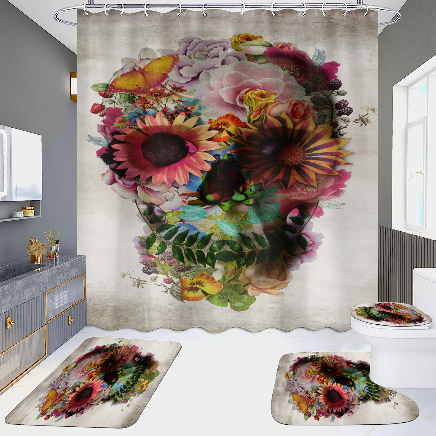 Cortina de ducha de suministro directo transfronterizo conjunto de cuatro piezas hd impermeable sin perforaciones baño hotel baño partición cortina wansheng cráneo