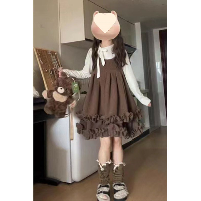 秋冬季新款甜美可爱无袖背心背带连衣裙女学生+内搭上衣两件套装