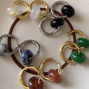 Natural agate and jade earrings, two-wear round earrings, titanium steel earrings, high-end luxury, niche, simple and safe buckles