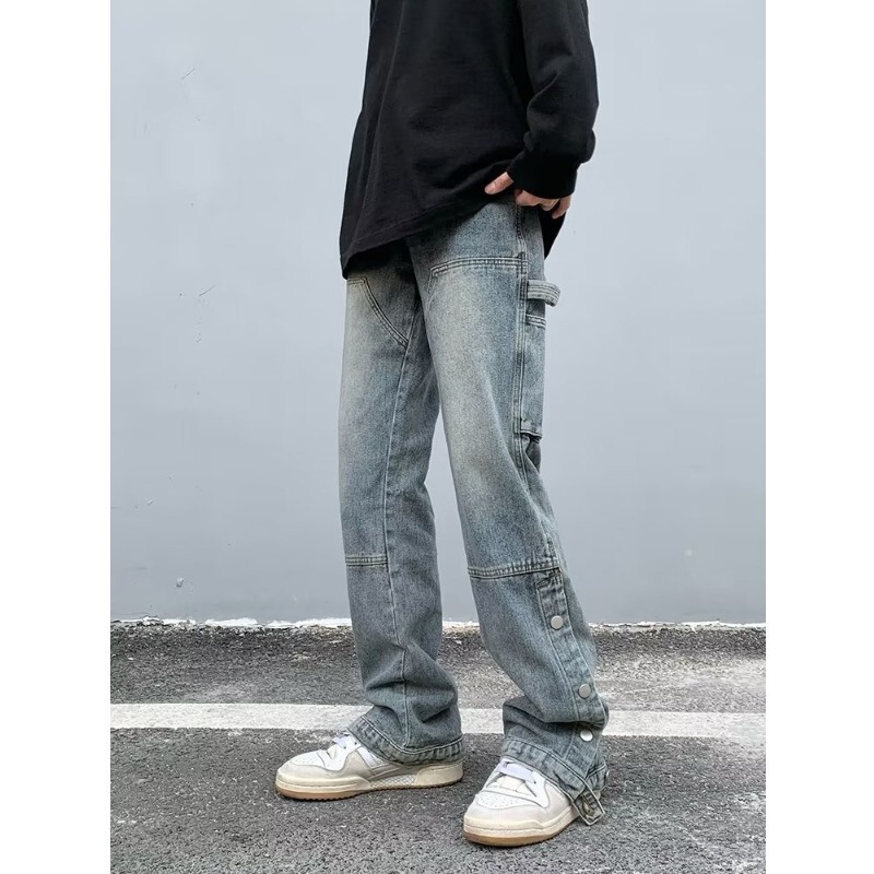 American high street vibe style washed distressed split breasted jeans men's ins trendy straight micro-pull stacked pants