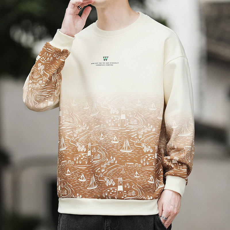 Camiseta de manga larga para hombres primavera y otoño suelta chaqueta de moda marca casual de cuello redondo ropa de moda camiseta de base para hombres