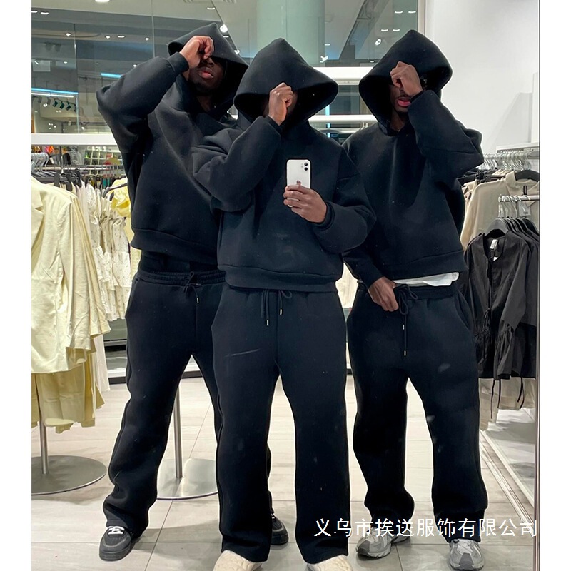 European and American Cross-Border Casual Simple Style Couple Fashion Hoodies Sweatshirts Solid Color Loose Sweatshirts and Sweatpants Wholesale