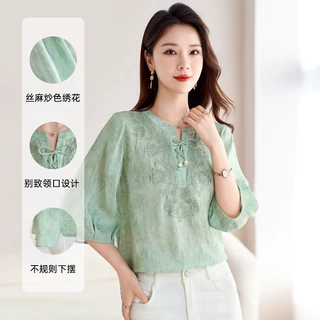 夏新款国风新中式丝麻混纺刺绣衬衫女装显瘦设计款炒色衬衣女9520