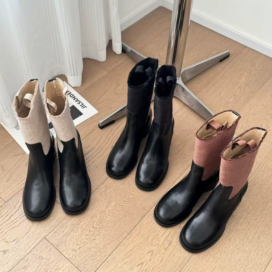 2024 осень и зима новый маленький ароматный ветер натуральная кожа толстый цвет на каблуке модные сапоги женские круглые головки рукава сапоги
