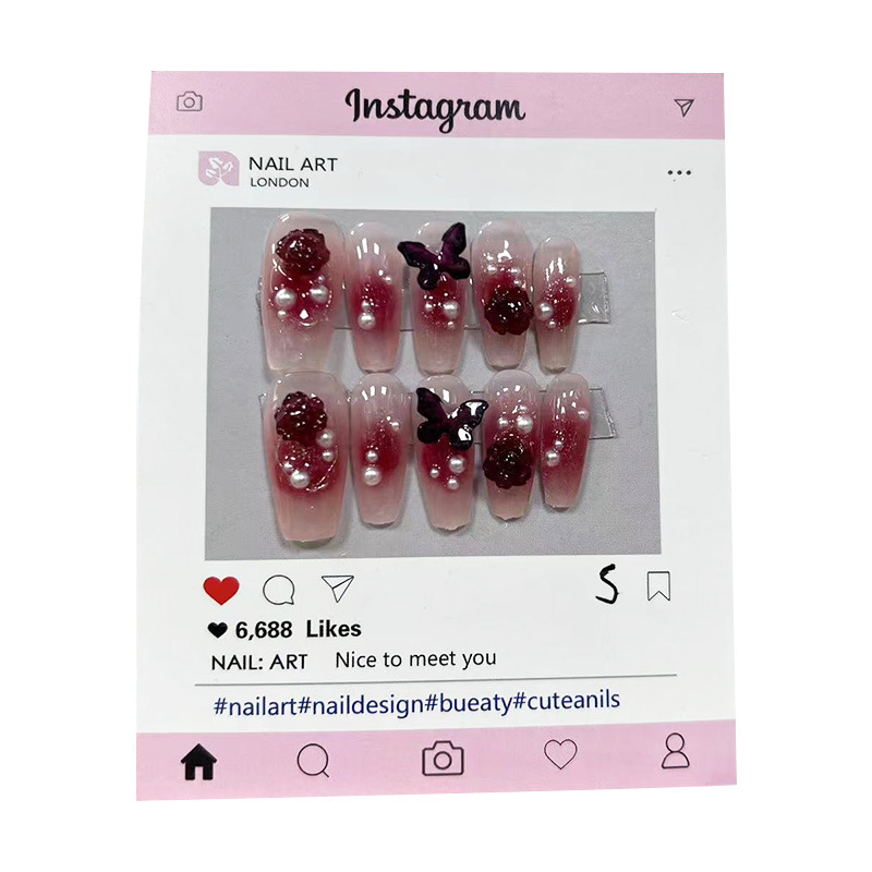 Kaiman nuevo hecho a mano de fototerapia desgaste de uñas chica caliente vino rojo Camelia mariposa desgaste uñas especial pieza de uñas al por mayor