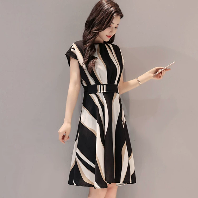 Dress (Women) Korean style mid-length, round collar, high waist — black, sizes M–3XL