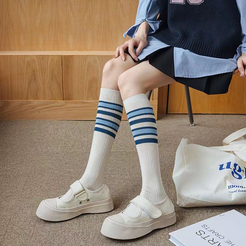 Blue knee-high socks for girls, suitable for spring and autumn, thin, outerwear style, JK long socks, Japanese striped, sweet, school style, versatile and slimming