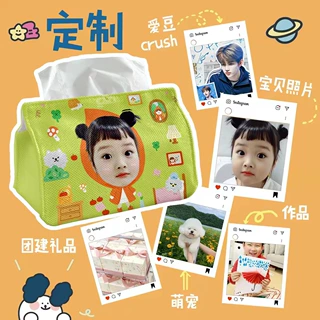 来图定制宝宝真人照片布艺纸巾盒diy文创明星儿童绘画餐巾纸袋