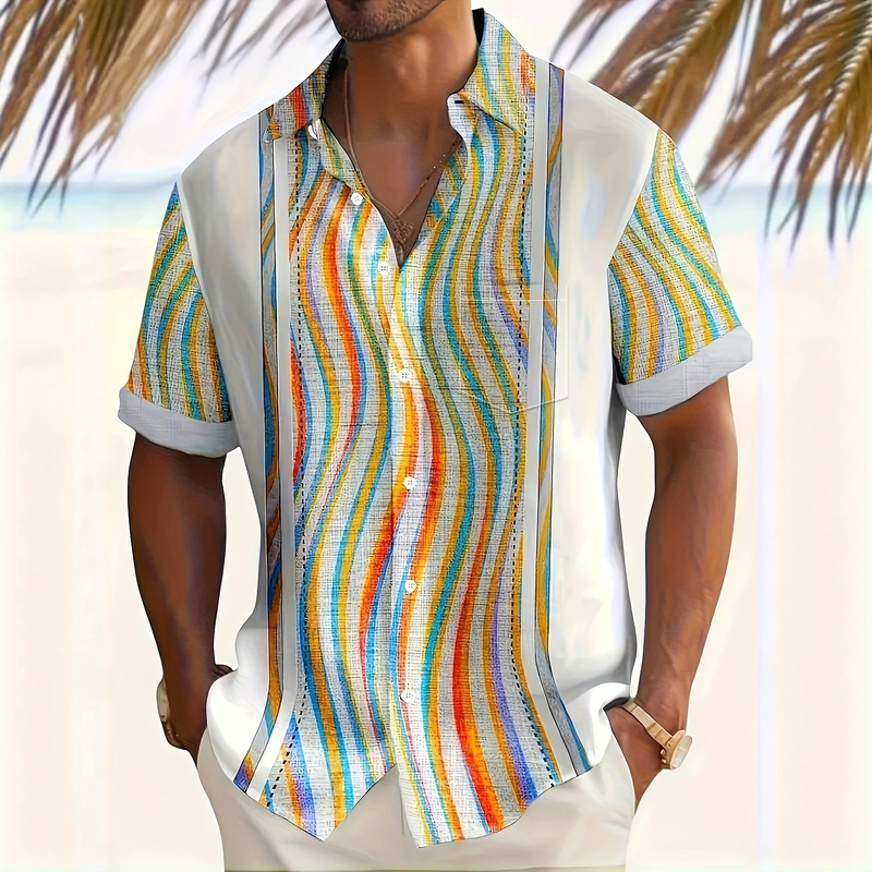 Men's Shirt Summer Hawaiian Shirt Rainbow Beach Casual Short-Sleeved Button-Down 3D Printed Clothing Clothing
