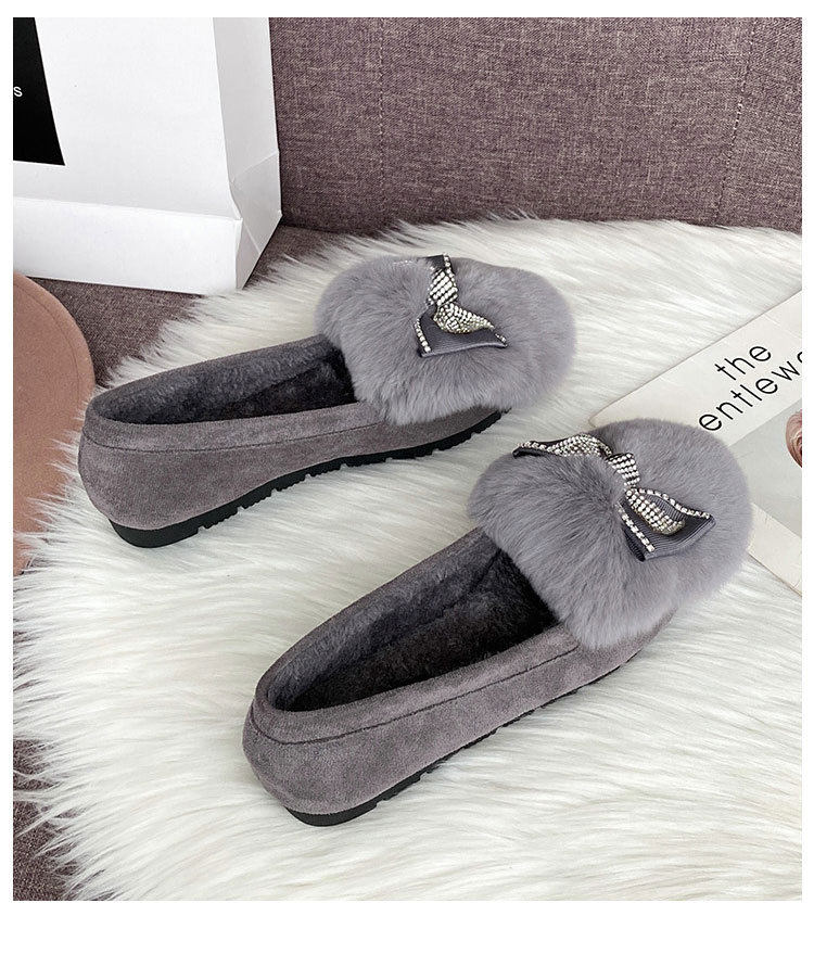 Giày lười nữ đế bệt lông thỏ trang trí nơ, giữ ấm — Màu xám, Màu đen chi tiết 21